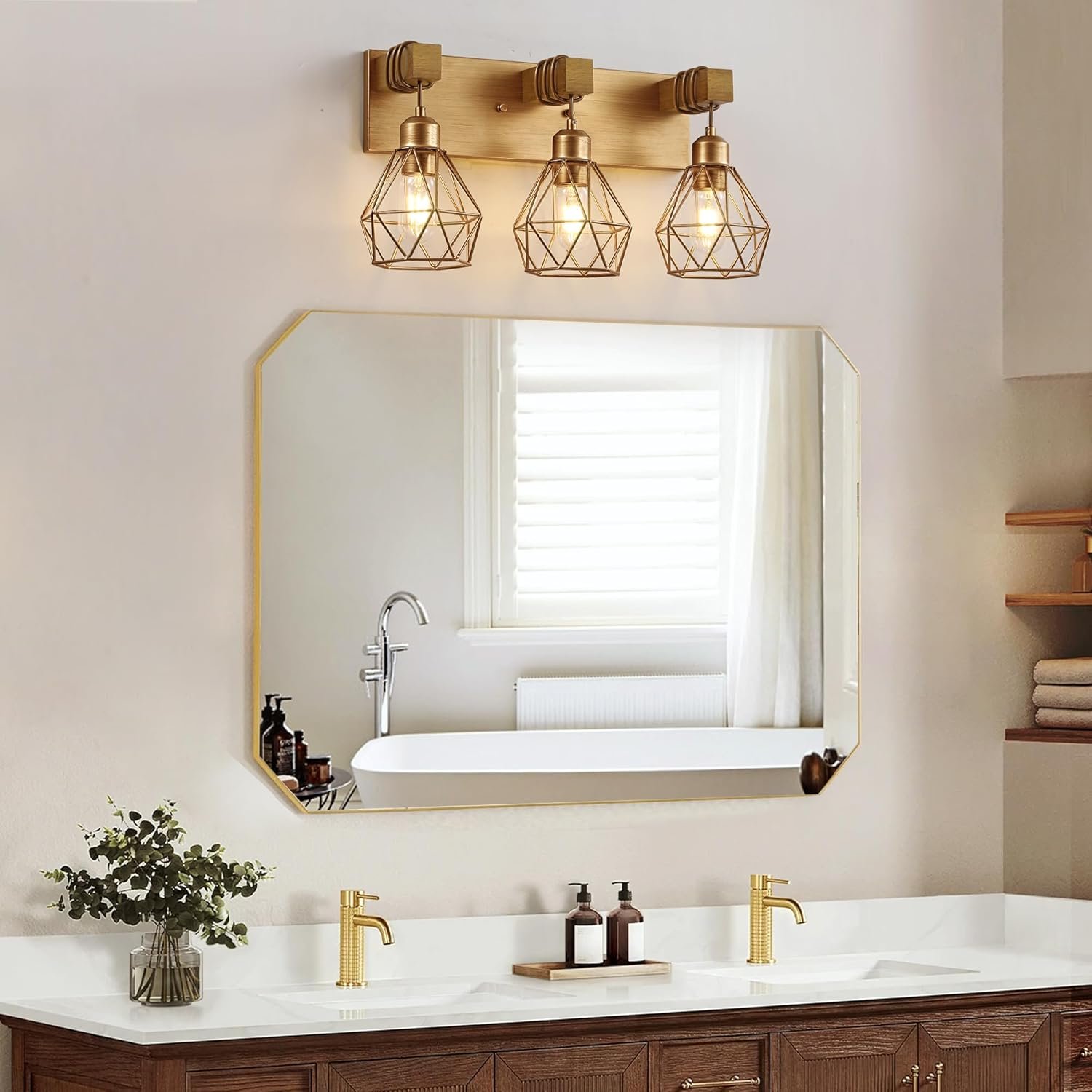 Lámpara de tocador de granja para baño, 3 luces de madera para tocador de baño, apliques rústicos con pantalla de metal para sala de estar, dormitorio, pasillo - Imagen 101