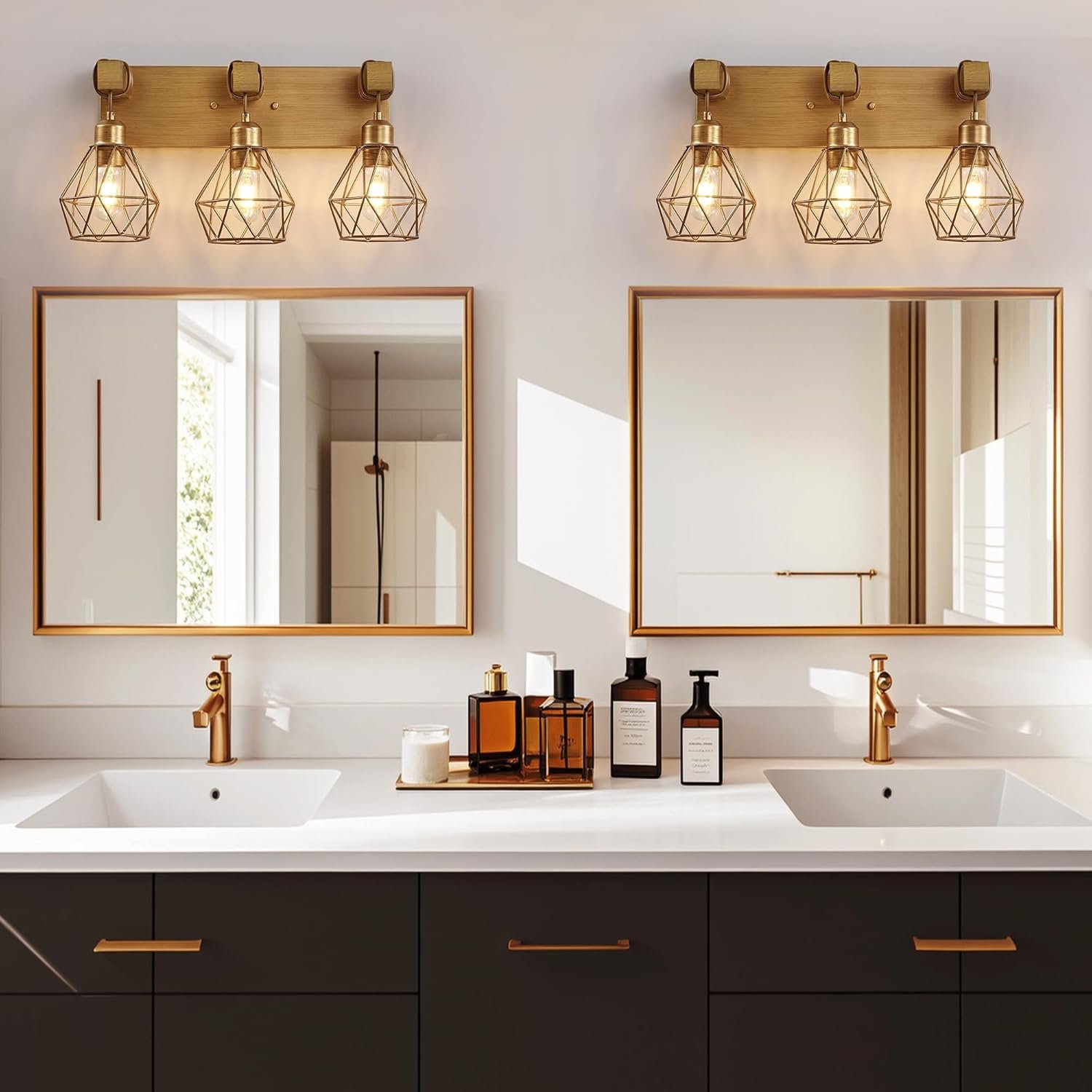 Lámpara de tocador de granja para baño, 3 luces de madera para tocador de baño, apliques rústicos con pantalla de metal para sala de estar, dormitorio, pasillo - Imagen 102