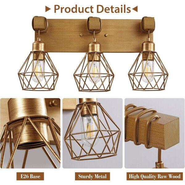 Lámpara de tocador de granja para baño, 3 luces de madera para tocador de baño, apliques rústicos con pantalla de metal para sala de estar, dormitorio, pasillo - Imagen 103