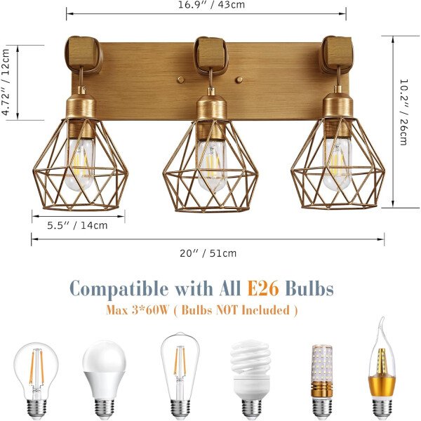 Lámpara de tocador de granja para baño, 3 luces de madera para tocador de baño, apliques rústicos con pantalla de metal para sala de estar, dormitorio, pasillo - Imagen 104