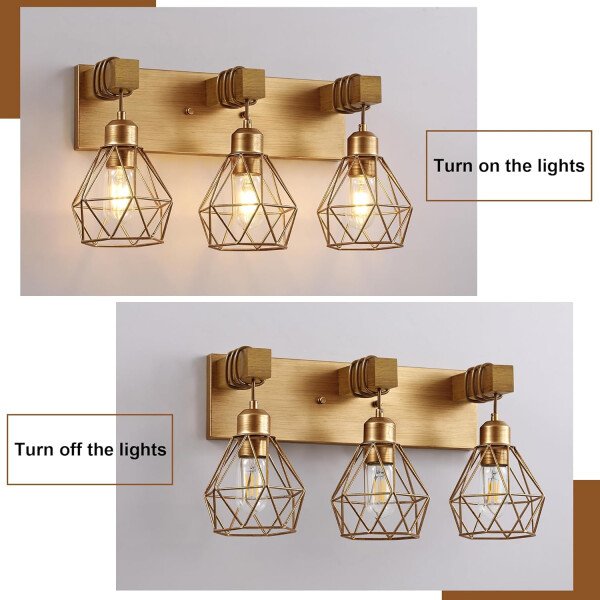 Lámpara de tocador de granja para baño, 3 luces de madera para tocador de baño, apliques rústicos con pantalla de metal para sala de estar, dormitorio, pasillo - Imagen 105