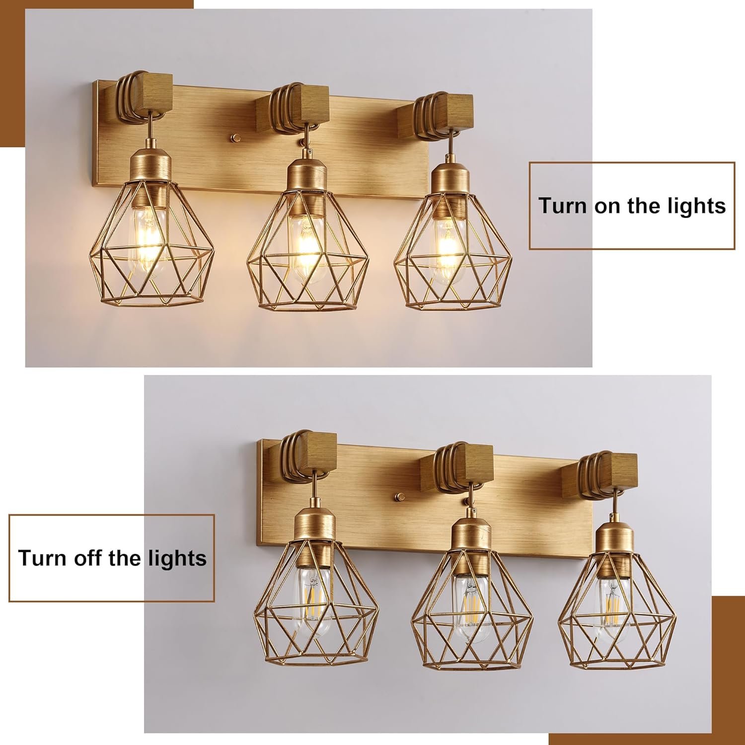 Lámpara de tocador de granja para baño, 3 luces de madera para tocador de baño, apliques rústicos con pantalla de metal para sala de estar, dormitorio, pasillo - Imagen 105