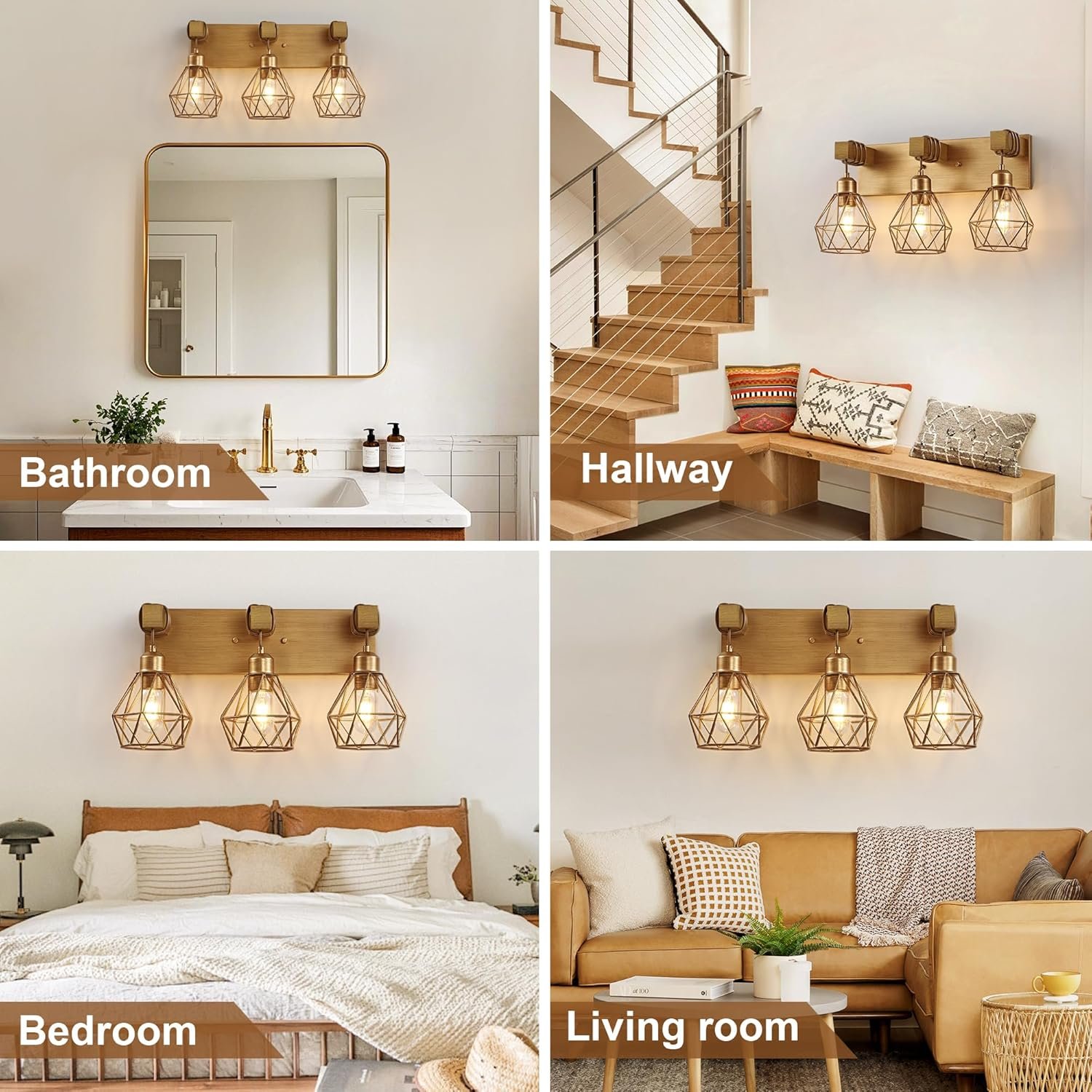 Lámpara de tocador de granja para baño, 3 luces de madera para tocador de baño, apliques rústicos con pantalla de metal para sala de estar, dormitorio, pasillo - Imagen 106