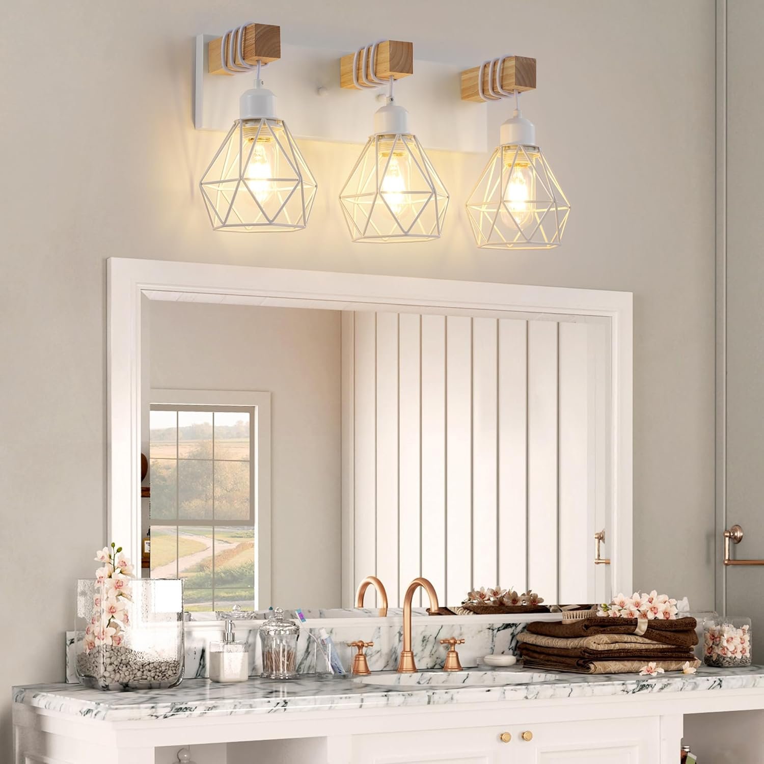 Lámpara de tocador de granja para baño, 3 luces de madera para tocador de baño, apliques rústicos con pantalla de metal para sala de estar, dormitorio, pasillo - Imagen 108