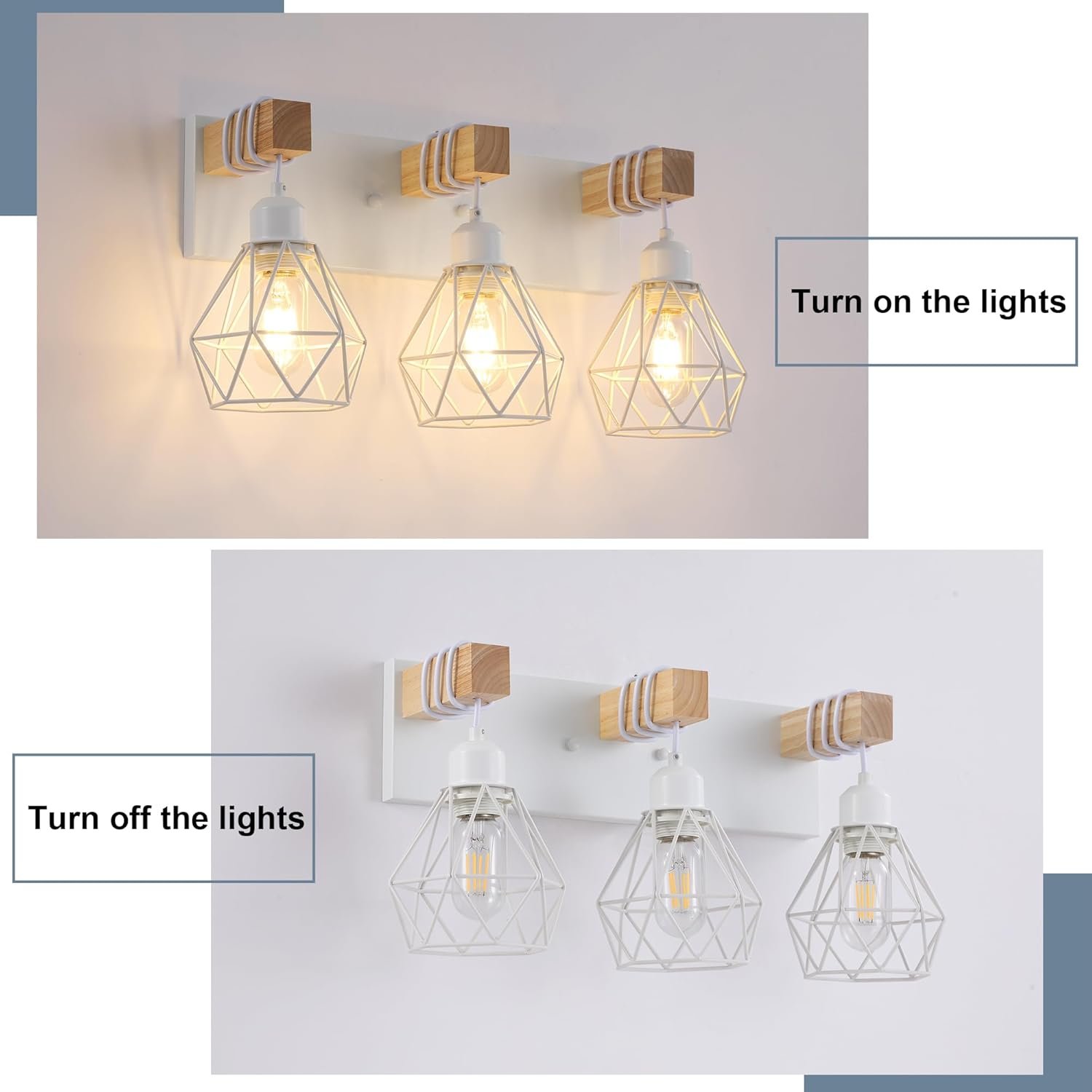 Lámpara de tocador de granja para baño, 3 luces de madera para tocador de baño, apliques rústicos con pantalla de metal para sala de estar, dormitorio, pasillo - Imagen 111