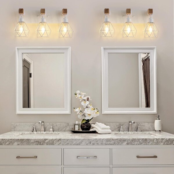 Lámpara de tocador de granja para baño, 3 luces de madera para tocador de baño, apliques rústicos con pantalla de metal para sala de estar, dormitorio, pasillo - Imagen 112