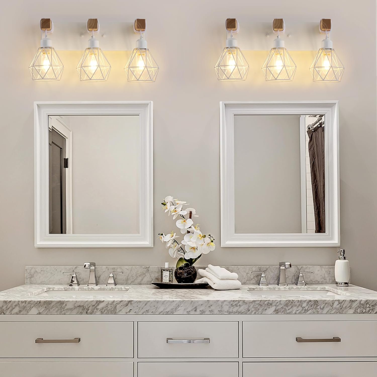 Lámpara de tocador de granja para baño, 3 luces de madera para tocador de baño, apliques rústicos con pantalla de metal para sala de estar, dormitorio, pasillo - Imagen 112