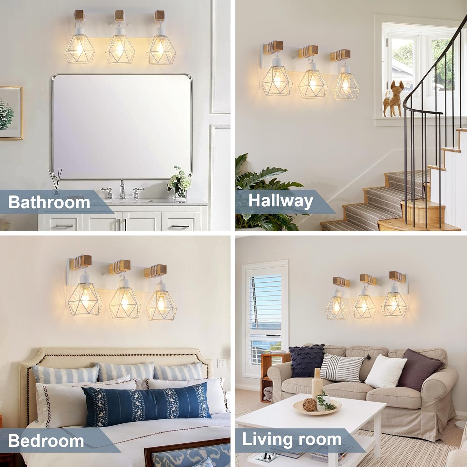 Lámpara de tocador de granja para baño, 3 luces de madera para tocador de baño, apliques rústicos con pantalla de metal para sala de estar, dormitorio, pasillo - Imagen 113