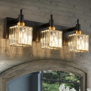 Moderna lámpara de tocador de baño de cristal de 3 luces de latón para pared, sobre espejo, iluminación de tocador negra y dorada para baño, pantalla cuadrada, aplique de pared de latón