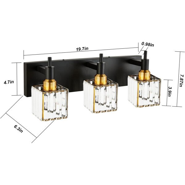 Moderna lámpara de tocador de baño de cristal de 3 luces de latón para pared, sobre espejo, iluminación de tocador negra y dorada para baño, pantalla cuadrada, aplique de pared de latón - Imagen 3