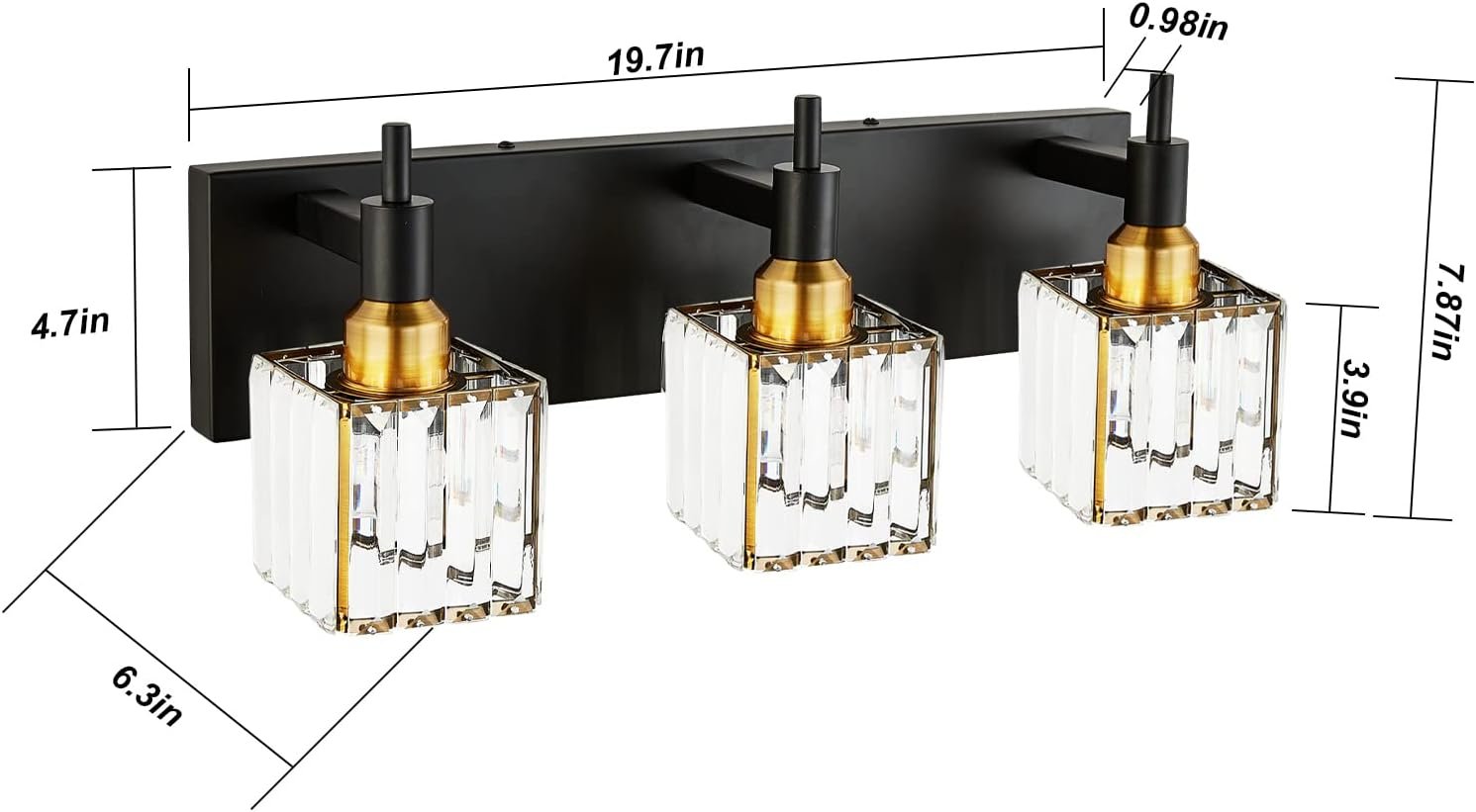 Moderna lámpara de tocador de baño de cristal de 3 luces de latón para pared, sobre espejo, iluminación de tocador negra y dorada para baño, pantalla cuadrada, aplique de pared de latón - Imagen 3