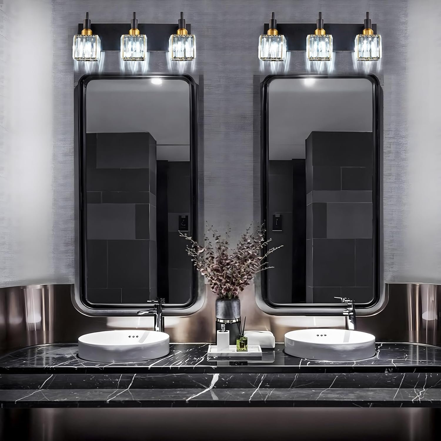 Moderna lámpara de tocador de baño de cristal de 3 luces de latón para pared, sobre espejo, iluminación de tocador negra y dorada para baño, pantalla cuadrada, aplique de pared de latón - Imagen 7