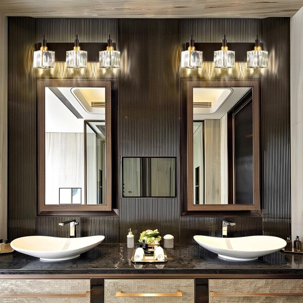 Moderna lámpara de tocador de baño de cristal de 3 luces de latón para pared, sobre espejo, iluminación de tocador negra y dorada para baño, pantalla cuadrada, aplique de pared de latón - Imagen 8