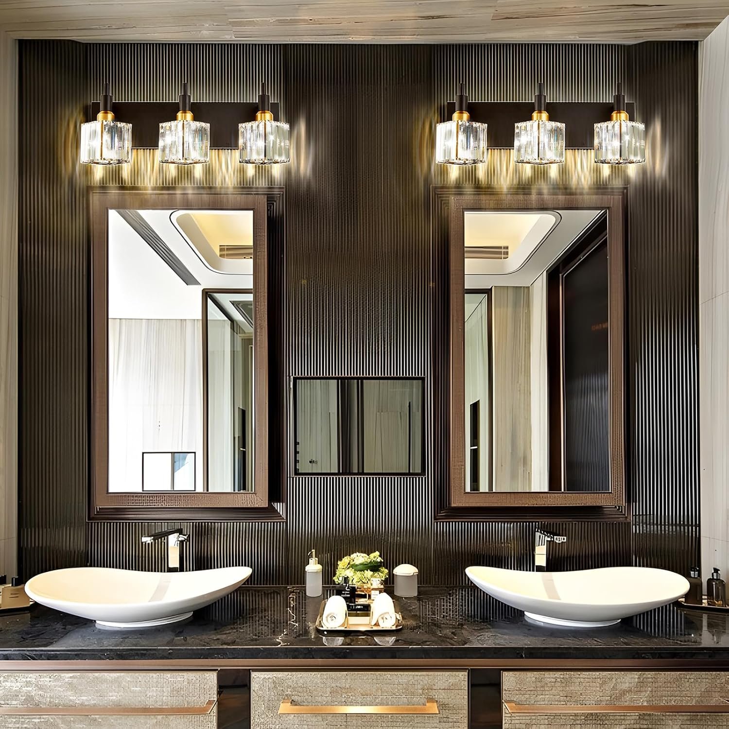 Moderna lámpara de tocador de baño de cristal de 3 luces de latón para pared, sobre espejo, iluminación de tocador negra y dorada para baño, pantalla cuadrada, aplique de pared de latón - Imagen 8