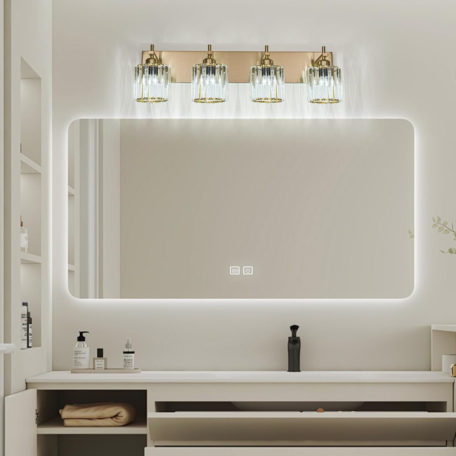 Moderna lámpara de tocador de baño de cristal de 3 luces de latón para pared, sobre espejo, iluminación de tocador negra y dorada para baño, pantalla cuadrada, aplique de pared de latón - Imagen 11