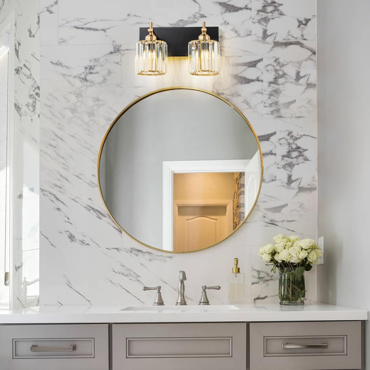 Moderna lámpara de tocador de baño de cristal de 3 luces de latón para pared, sobre espejo, iluminación de tocador negra y dorada para baño, pantalla cuadrada, aplique de pared de latón - Imagen 18