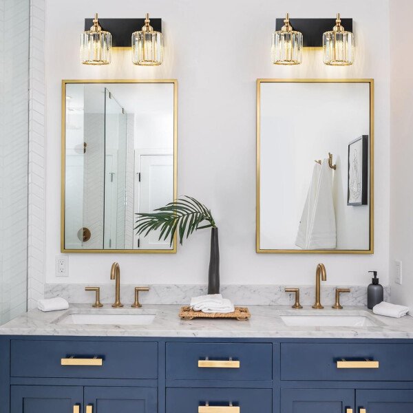 Moderna lámpara de tocador de baño de cristal de 3 luces de latón para pared, sobre espejo, iluminación de tocador negra y dorada para baño, pantalla cuadrada, aplique de pared de latón - Imagen 22