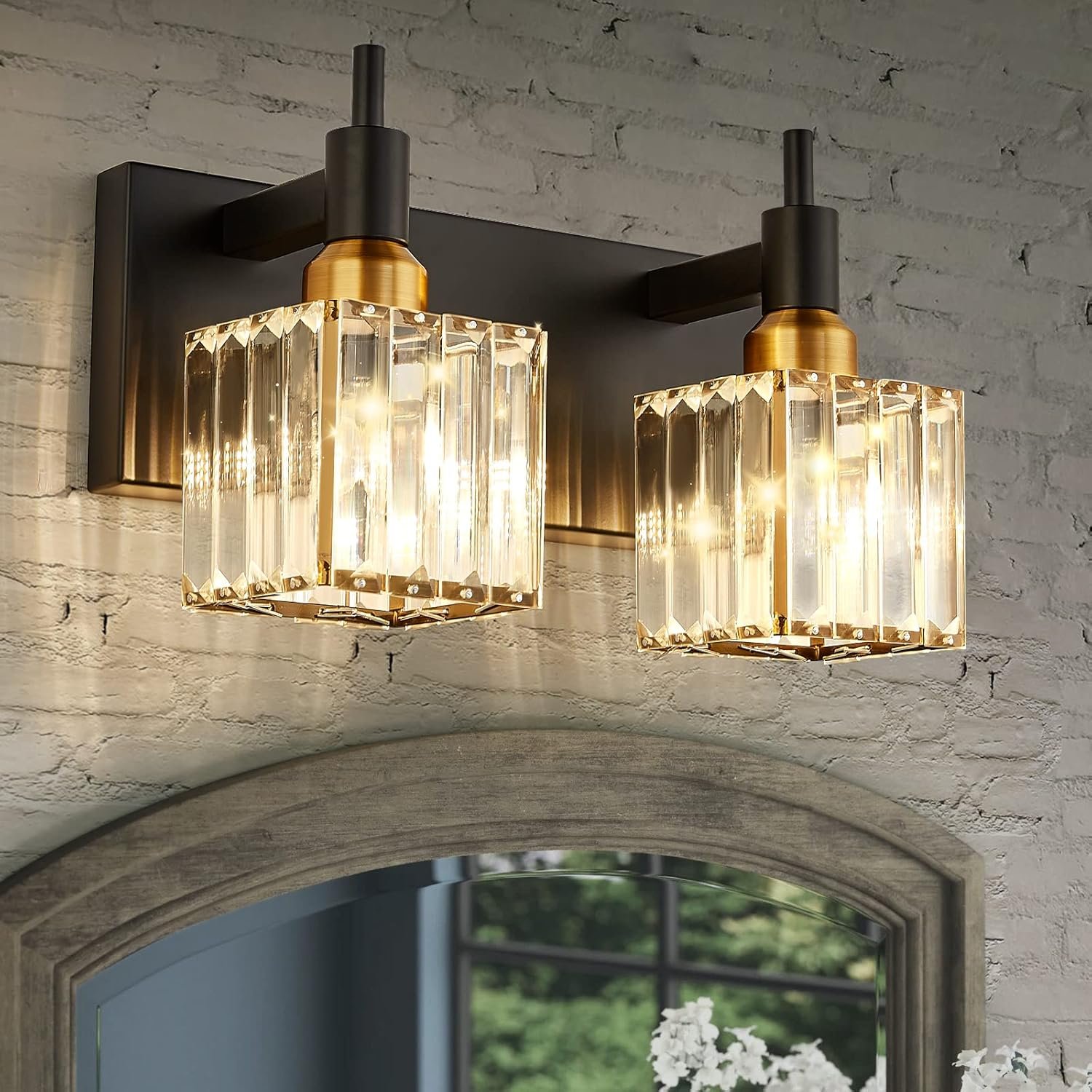 Moderna lámpara de tocador de baño de cristal de 3 luces de latón para pared, sobre espejo, iluminación de tocador negra y dorada para baño, pantalla cuadrada, aplique de pared de latón - Imagen 23