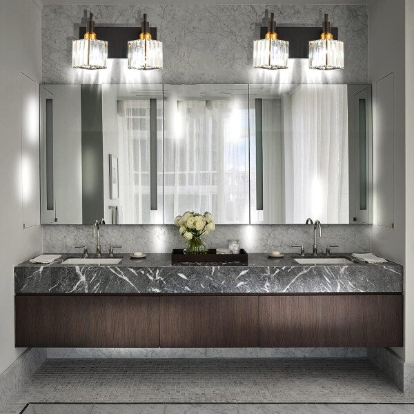 Moderna lámpara de tocador de baño de cristal de 3 luces de latón para pared, sobre espejo, iluminación de tocador negra y dorada para baño, pantalla cuadrada, aplique de pared de latón - Imagen 25