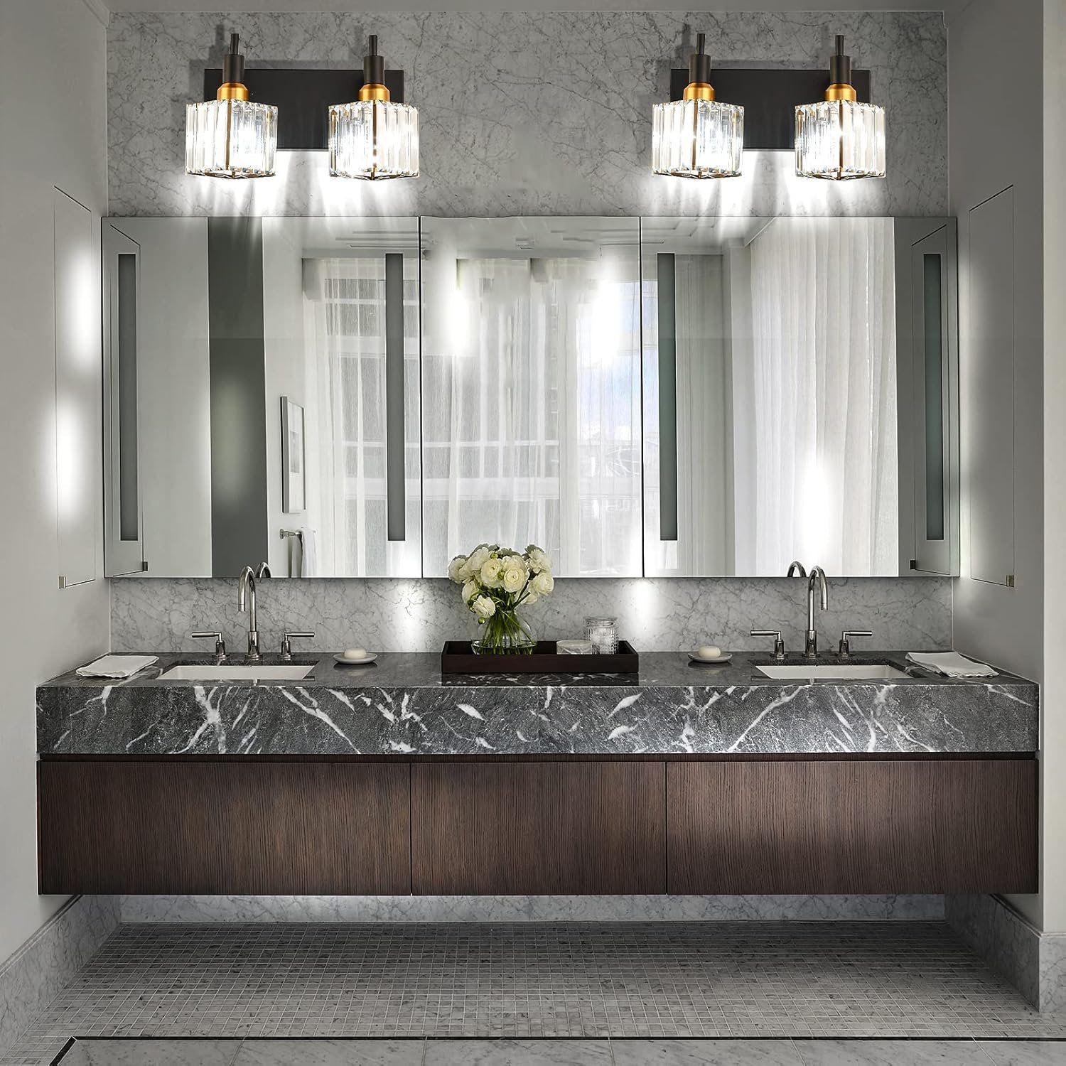 Moderna lámpara de tocador de baño de cristal de 3 luces de latón para pared, sobre espejo, iluminación de tocador negra y dorada para baño, pantalla cuadrada, aplique de pared de latón - Imagen 25