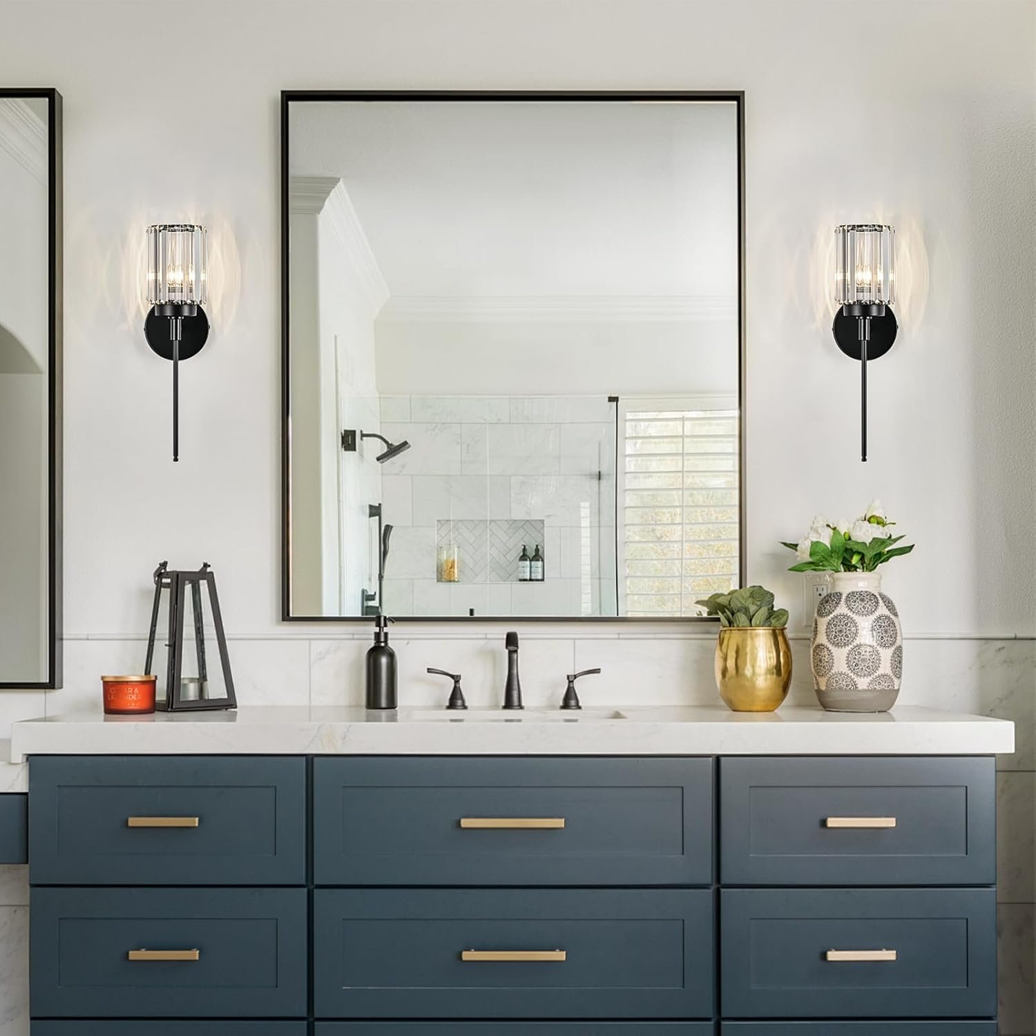 Moderna lámpara de tocador de baño de cristal de 3 luces de latón para pared, sobre espejo, iluminación de tocador negra y dorada para baño, pantalla cuadrada, aplique de pared de latón - Imagen 29