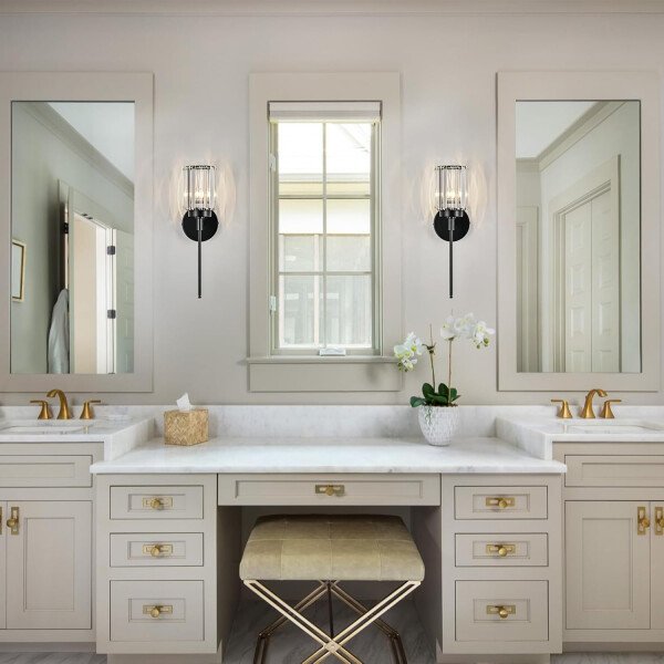 Moderna lámpara de tocador de baño de cristal de 3 luces de latón para pared, sobre espejo, iluminación de tocador negra y dorada para baño, pantalla cuadrada, aplique de pared de latón - Imagen 31