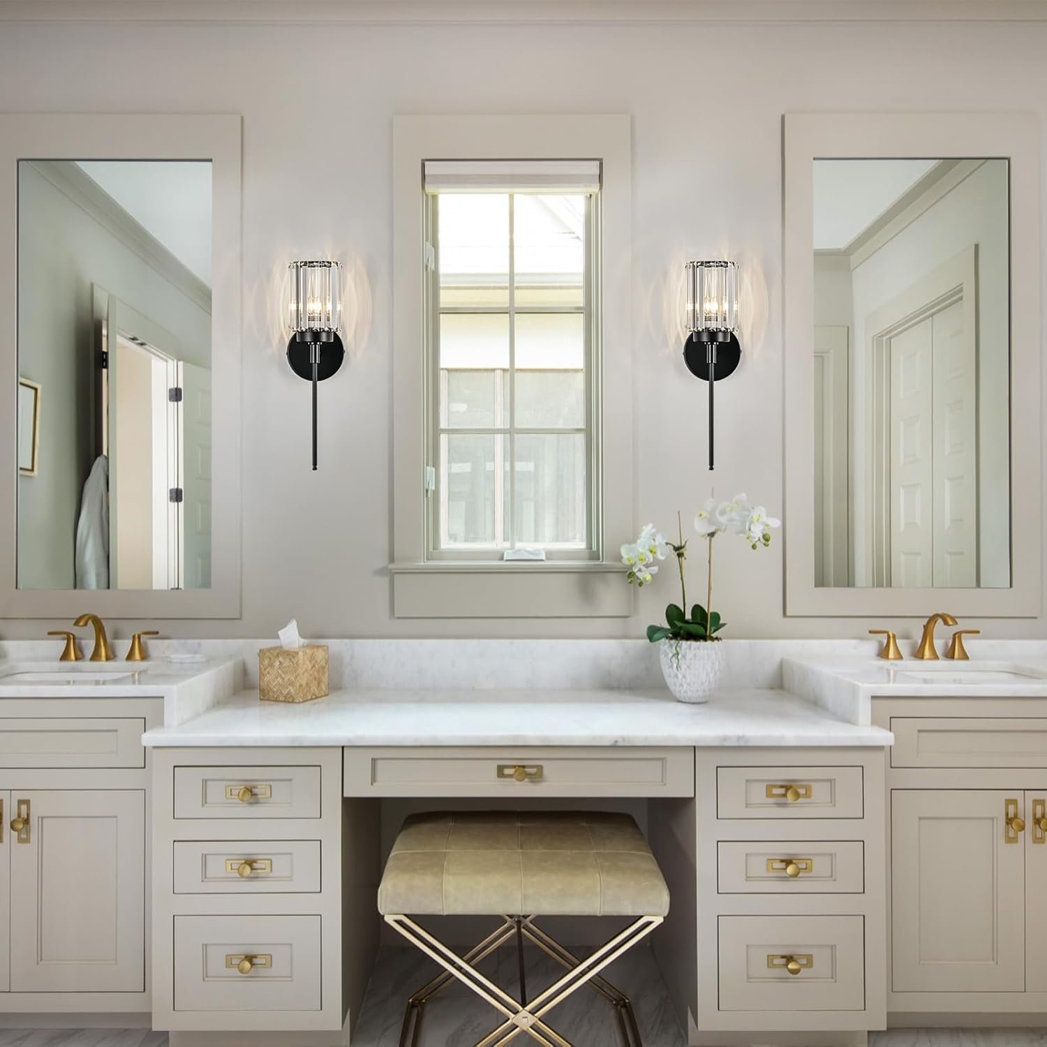 Moderna lámpara de tocador de baño de cristal de 3 luces de latón para pared, sobre espejo, iluminación de tocador negra y dorada para baño, pantalla cuadrada, aplique de pared de latón - Imagen 31