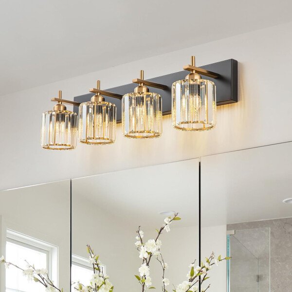 Moderna lámpara de tocador de baño de cristal de 3 luces de latón para pared, sobre espejo, iluminación de tocador negra y dorada para baño, pantalla cuadrada, aplique de pared de latón - Imagen 36