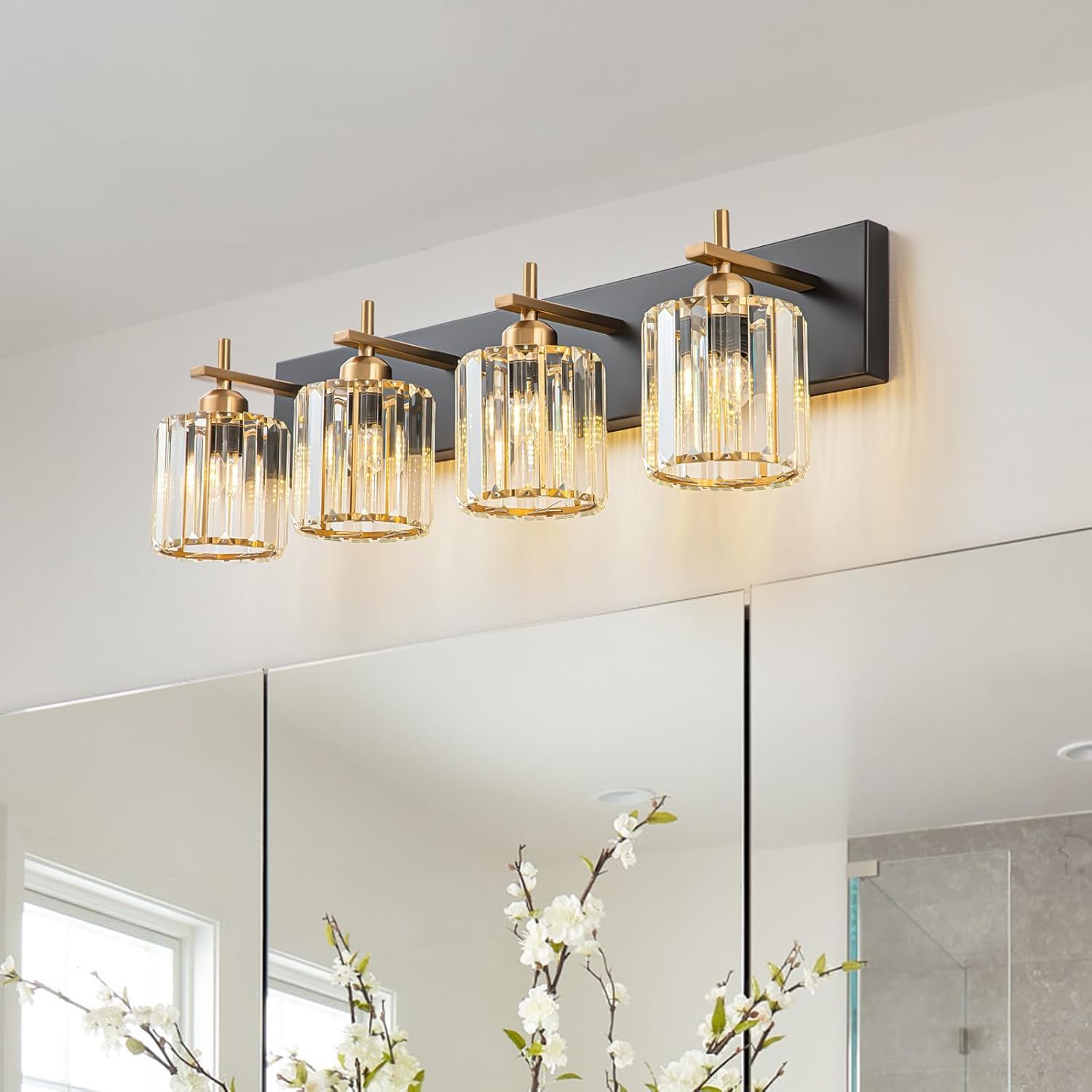 Moderna lámpara de tocador de baño de cristal de 3 luces de latón para pared, sobre espejo, iluminación de tocador negra y dorada para baño, pantalla cuadrada, aplique de pared de latón - Imagen 36