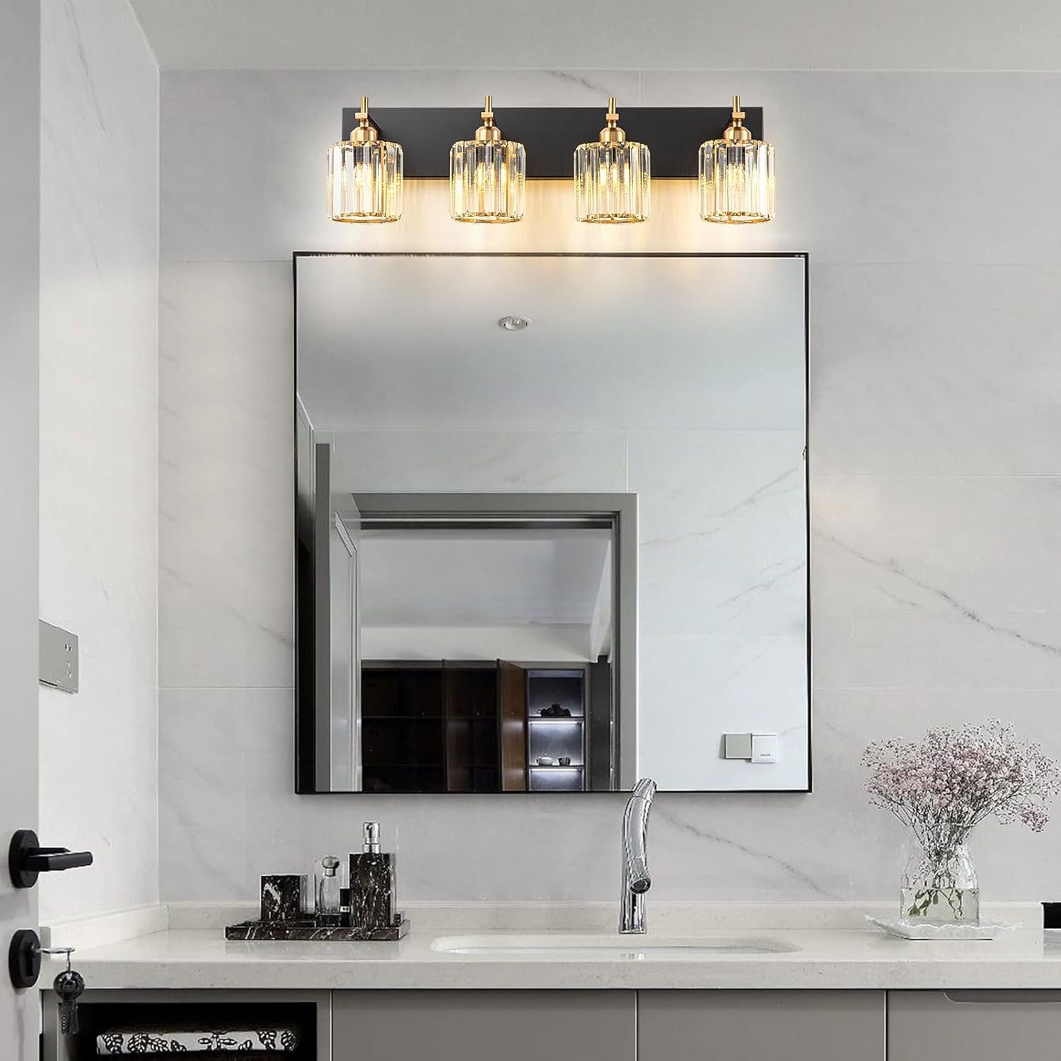 Moderna lámpara de tocador de baño de cristal de 3 luces de latón para pared, sobre espejo, iluminación de tocador negra y dorada para baño, pantalla cuadrada, aplique de pared de latón - Imagen 37