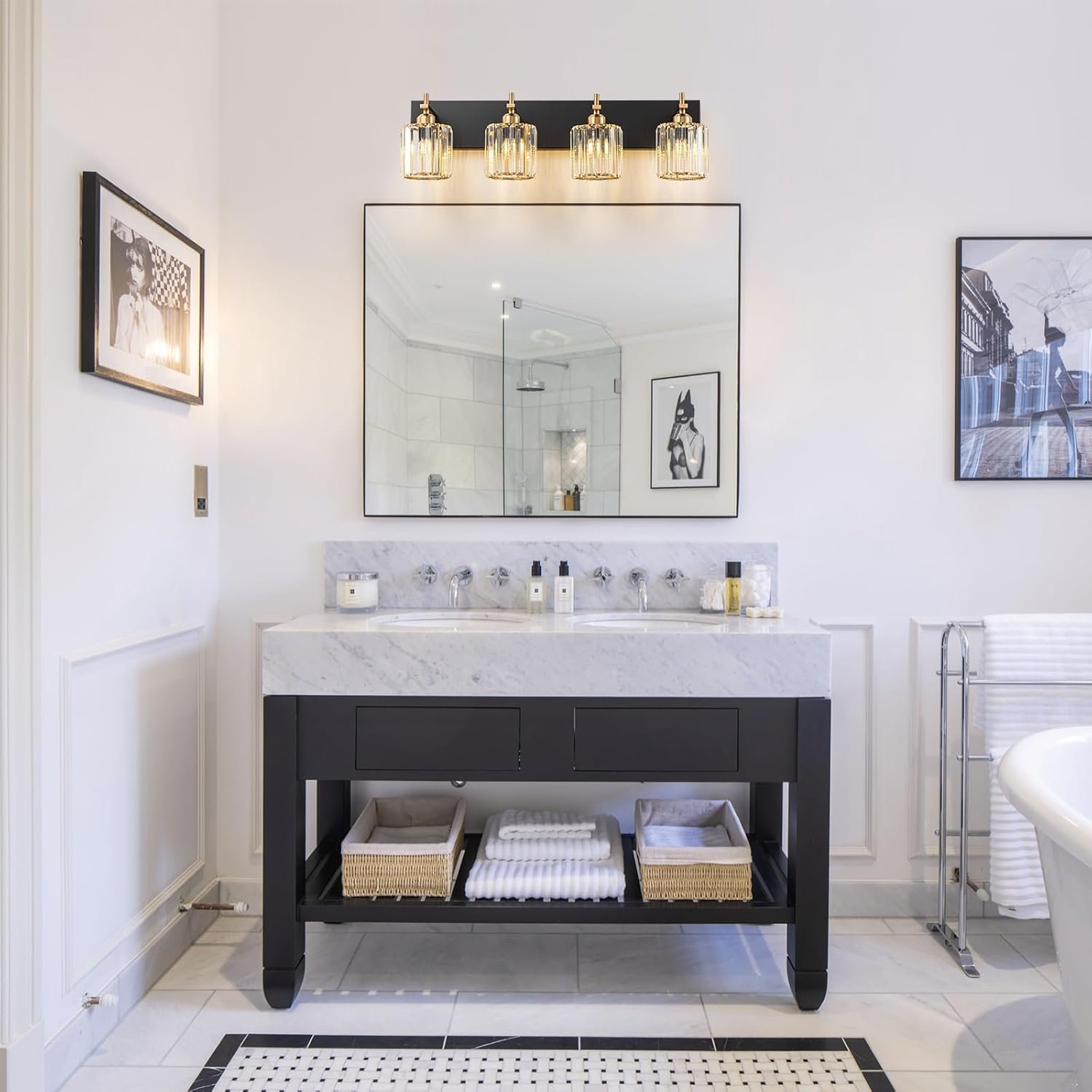 Moderna lámpara de tocador de baño de cristal de 3 luces de latón para pared, sobre espejo, iluminación de tocador negra y dorada para baño, pantalla cuadrada, aplique de pared de latón - Imagen 42