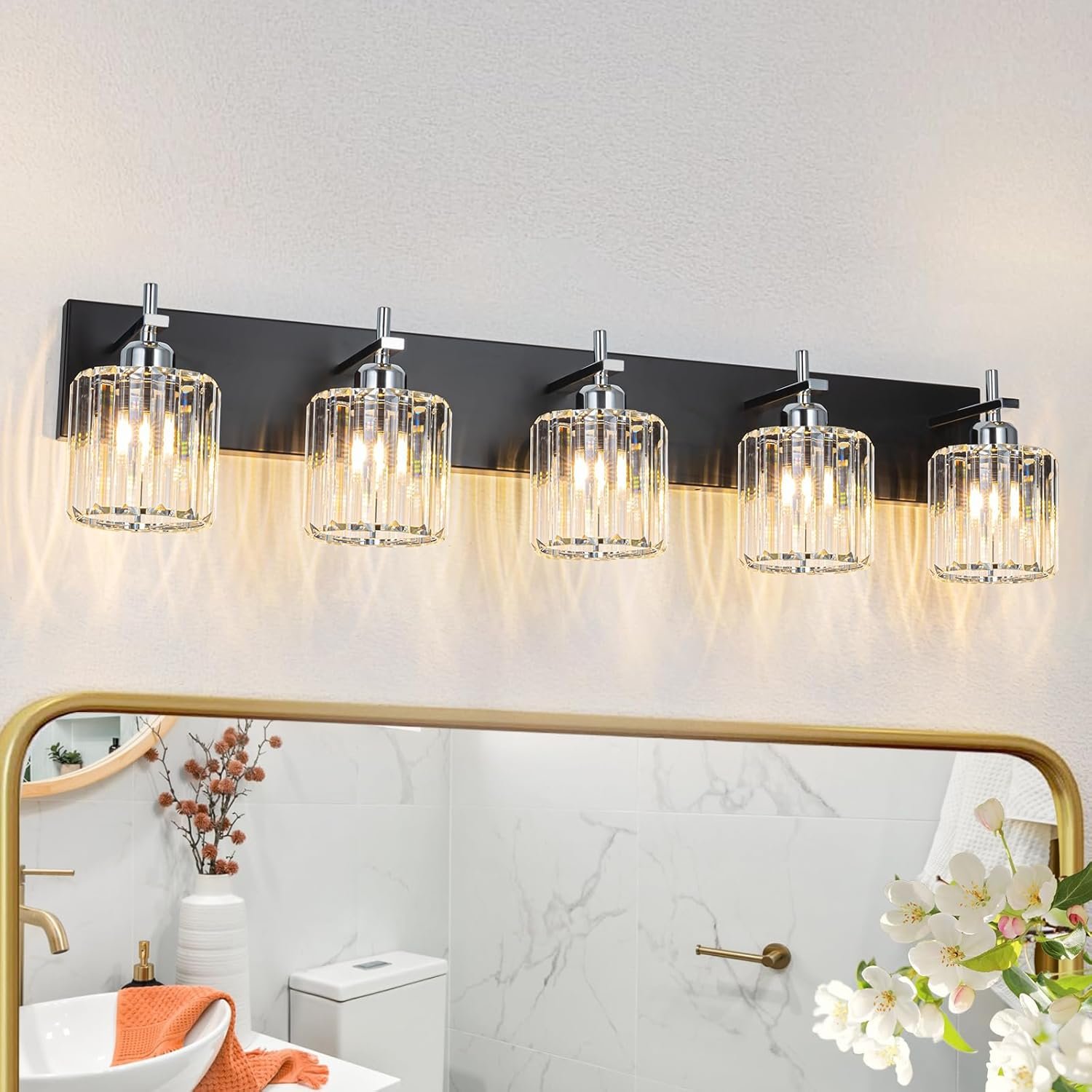 Moderna lámpara de tocador de baño de cristal de 3 luces de latón para pared, sobre espejo, iluminación de tocador negra y dorada para baño, pantalla cuadrada, aplique de pared de latón - Imagen 43