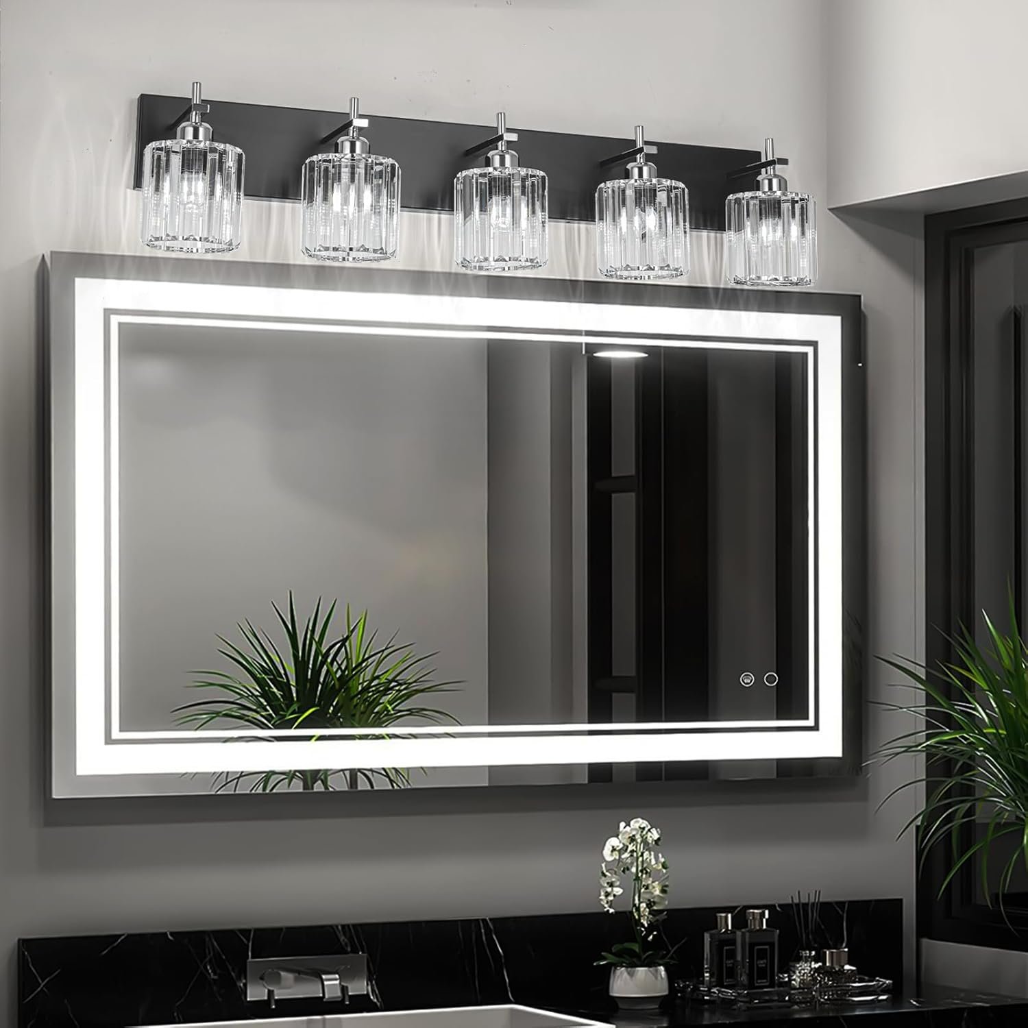 Moderna lámpara de tocador de baño de cristal de 3 luces de latón para pared, sobre espejo, iluminación de tocador negra y dorada para baño, pantalla cuadrada, aplique de pared de latón - Imagen 45