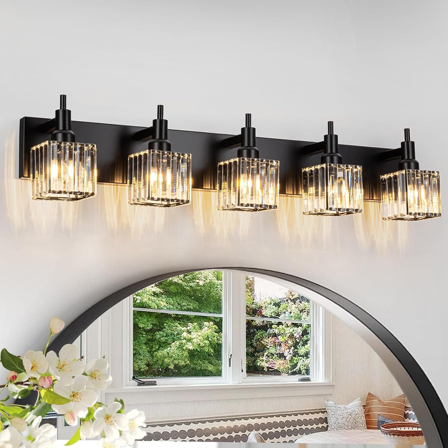 Moderna lámpara de tocador de baño de cristal de 3 luces de latón para pared, sobre espejo, iluminación de tocador negra y dorada para baño, pantalla cuadrada, aplique de pared de latón - Imagen 51