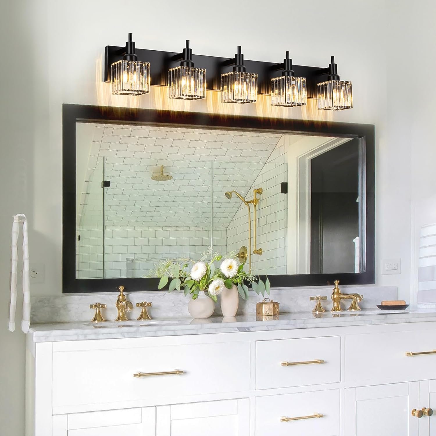Moderna lámpara de tocador de baño de cristal de 3 luces de latón para pared, sobre espejo, iluminación de tocador negra y dorada para baño, pantalla cuadrada, aplique de pared de latón - Imagen 52