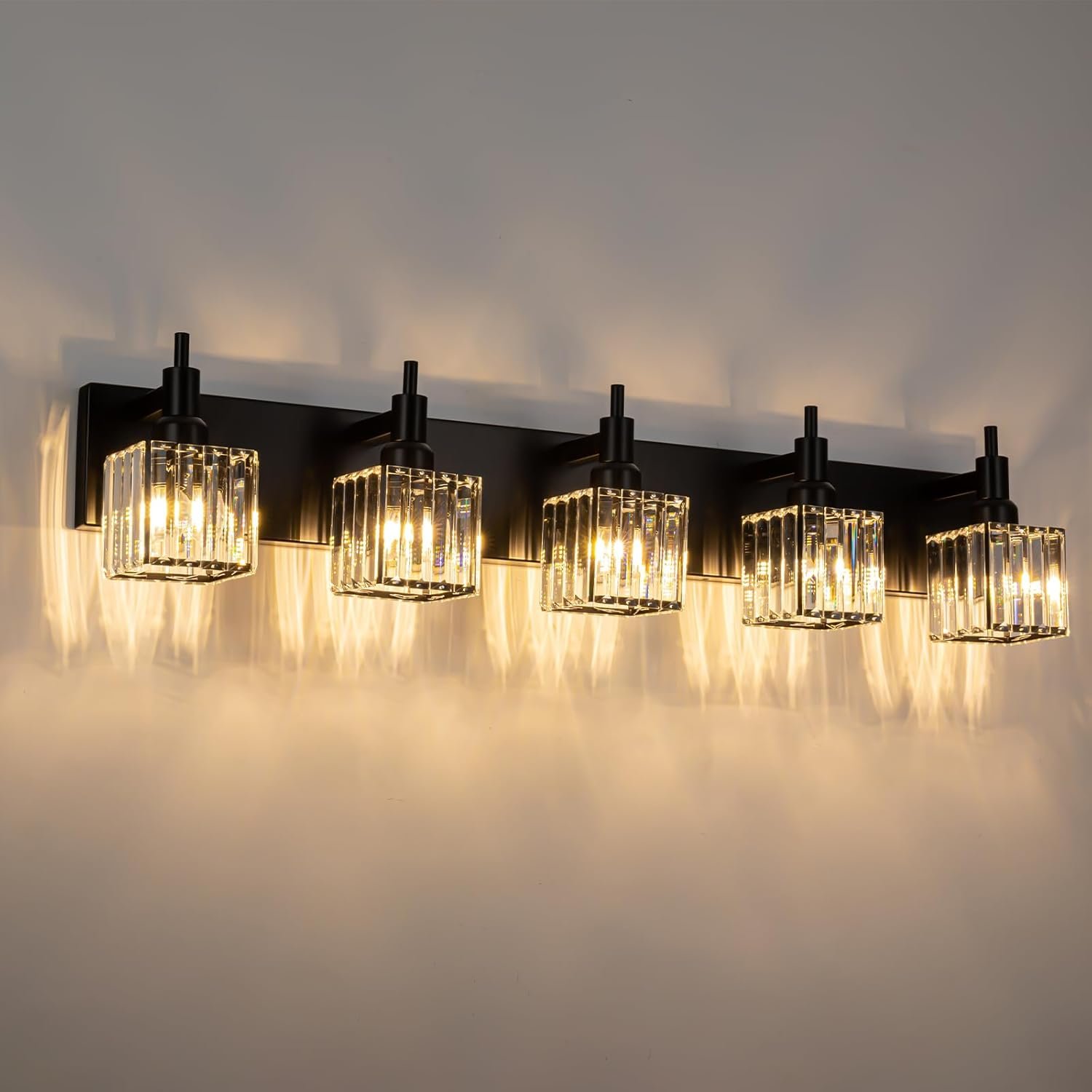 Moderna lámpara de tocador de baño de cristal de 3 luces de latón para pared, sobre espejo, iluminación de tocador negra y dorada para baño, pantalla cuadrada, aplique de pared de latón - Imagen 56