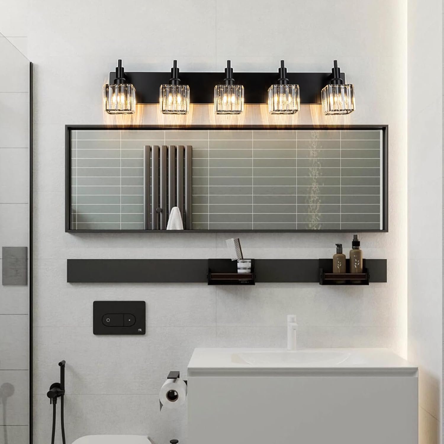 Moderna lámpara de tocador de baño de cristal de 3 luces de latón para pared, sobre espejo, iluminación de tocador negra y dorada para baño, pantalla cuadrada, aplique de pared de latón - Imagen 57