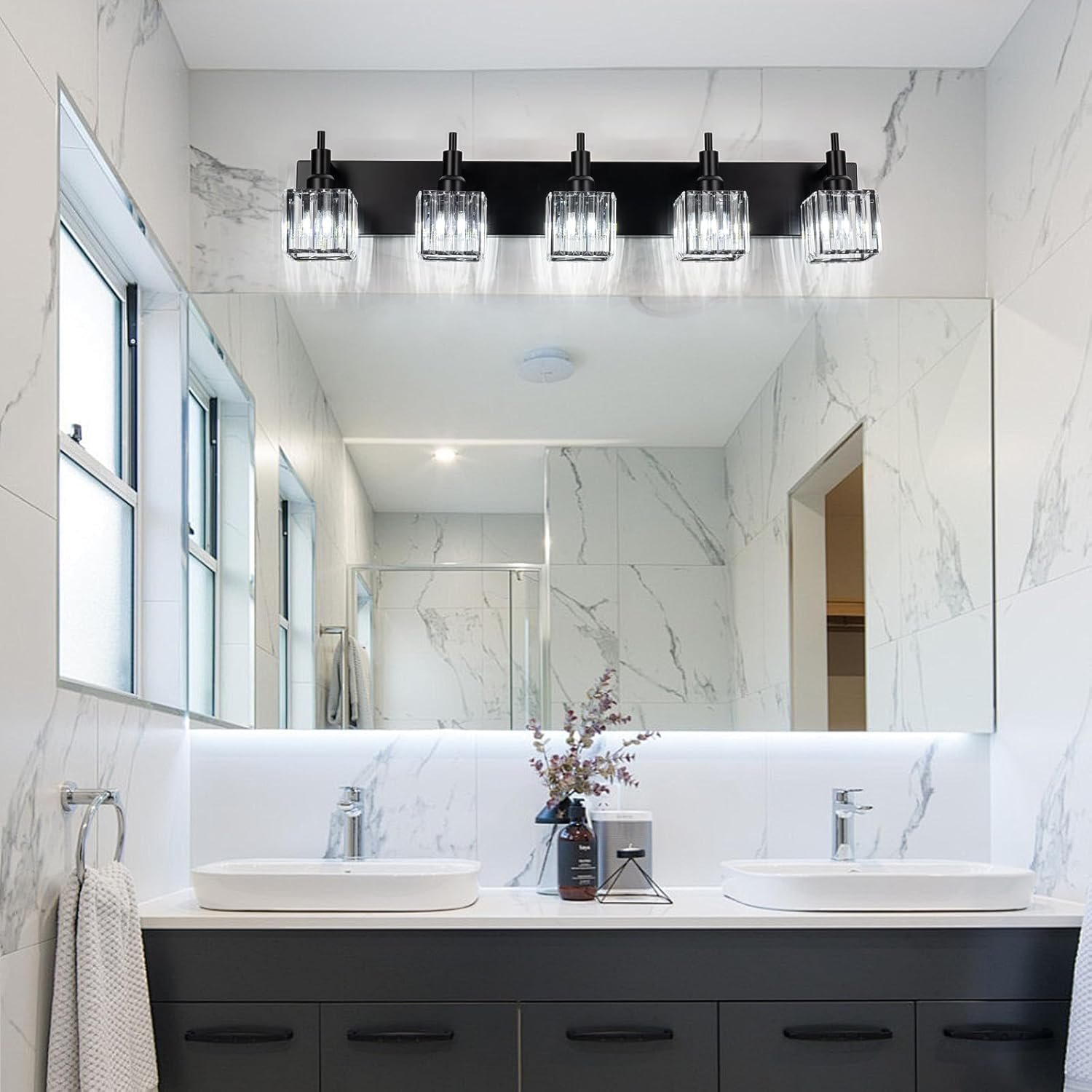 Moderna lámpara de tocador de baño de cristal de 3 luces de latón para pared, sobre espejo, iluminación de tocador negra y dorada para baño, pantalla cuadrada, aplique de pared de latón - Imagen 58