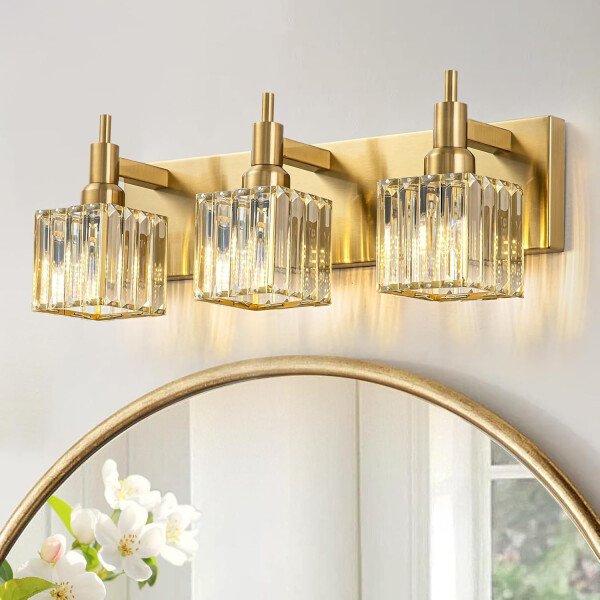 Moderna lámpara de tocador de baño de cristal de 3 luces de latón para pared, sobre espejo, iluminación de tocador negra y dorada para baño, pantalla cuadrada, aplique de pared de latón - Imagen 59