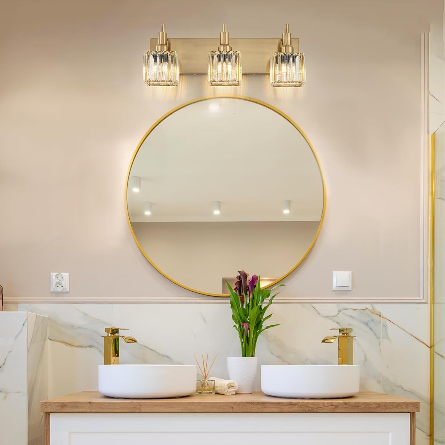 Moderna lámpara de tocador de baño de cristal de 3 luces de latón para pared, sobre espejo, iluminación de tocador negra y dorada para baño, pantalla cuadrada, aplique de pared de latón - Imagen 60