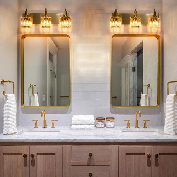 Moderna lámpara de tocador de baño de cristal de 3 luces de latón para pared, sobre espejo, iluminación de tocador negra y dorada para baño, pantalla cuadrada, aplique de pared de latón - Imagen 65