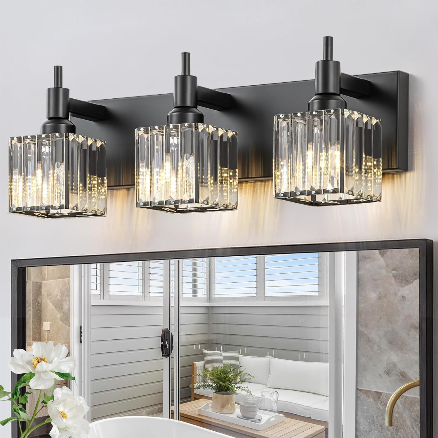 Moderna lámpara de tocador de baño de cristal de 3 luces de latón para pared, sobre espejo, iluminación de tocador negra y dorada para baño, pantalla cuadrada, aplique de pared de latón - Imagen 73