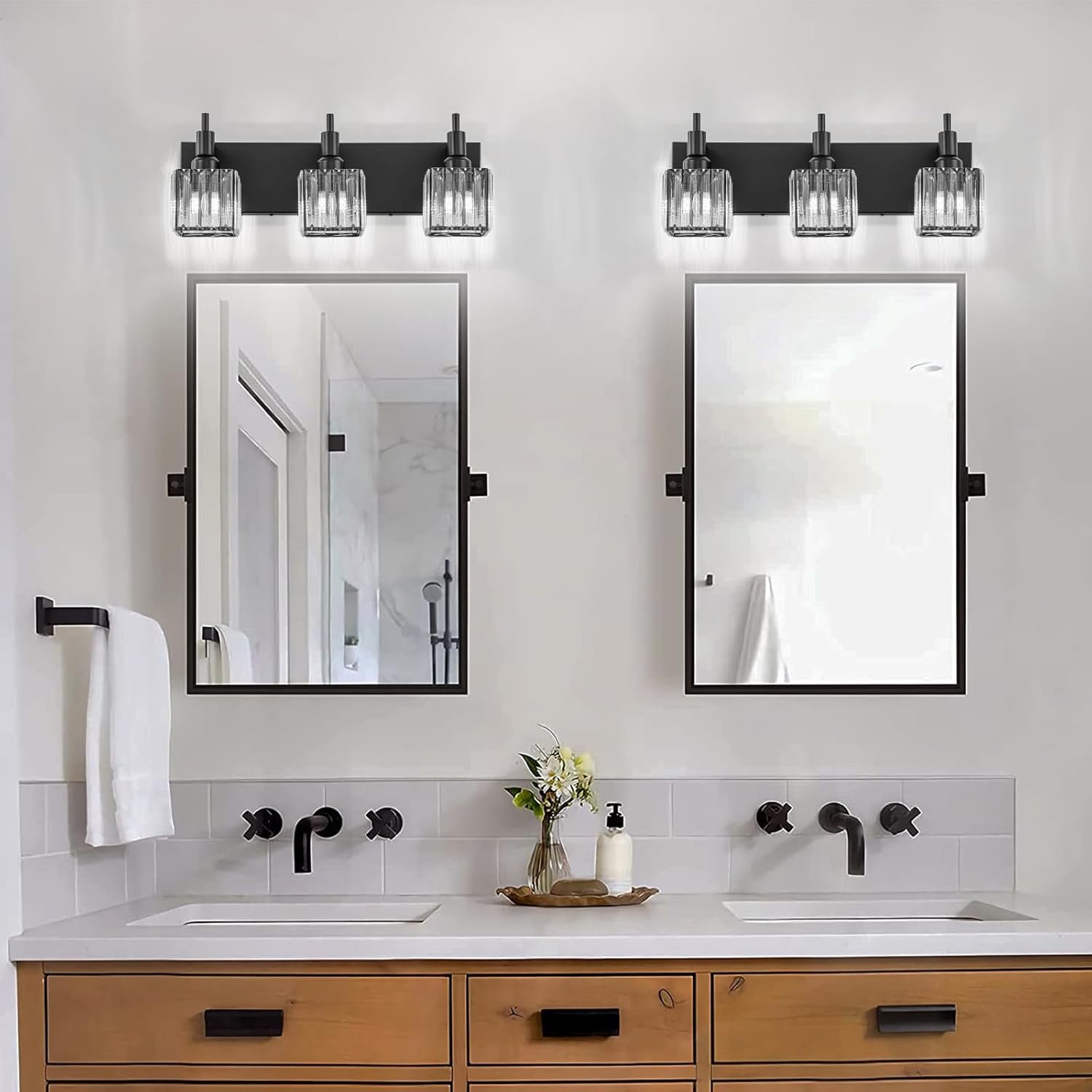 Moderna lámpara de tocador de baño de cristal de 3 luces de latón para pared, sobre espejo, iluminación de tocador negra y dorada para baño, pantalla cuadrada, aplique de pared de latón - Imagen 79