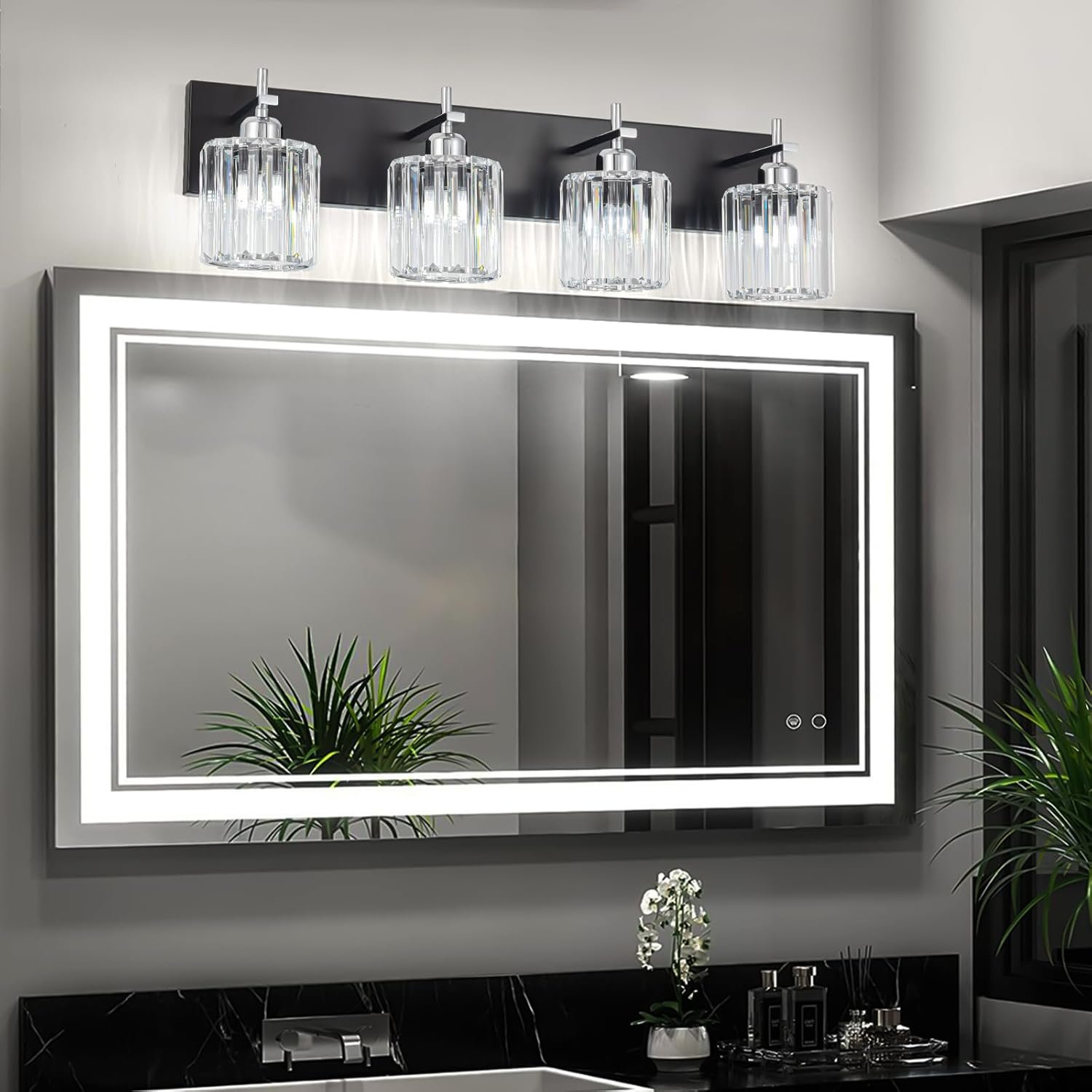 Moderna lámpara de tocador de baño de cristal de 3 luces de latón para pared, sobre espejo, iluminación de tocador negra y dorada para baño, pantalla cuadrada, aplique de pared de latón - Imagen 82