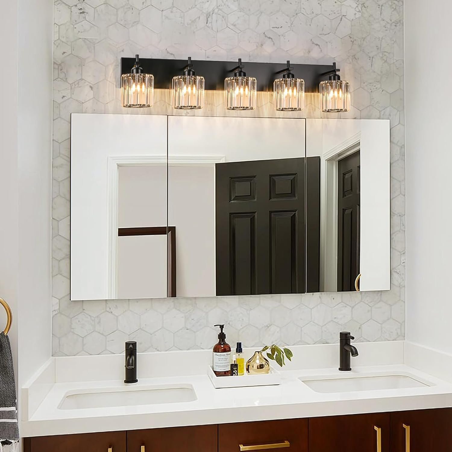 Moderna lámpara de tocador de baño de cristal de 3 luces de latón para pared, sobre espejo, iluminación de tocador negra y dorada para baño, pantalla cuadrada, aplique de pared de latón - Imagen 94