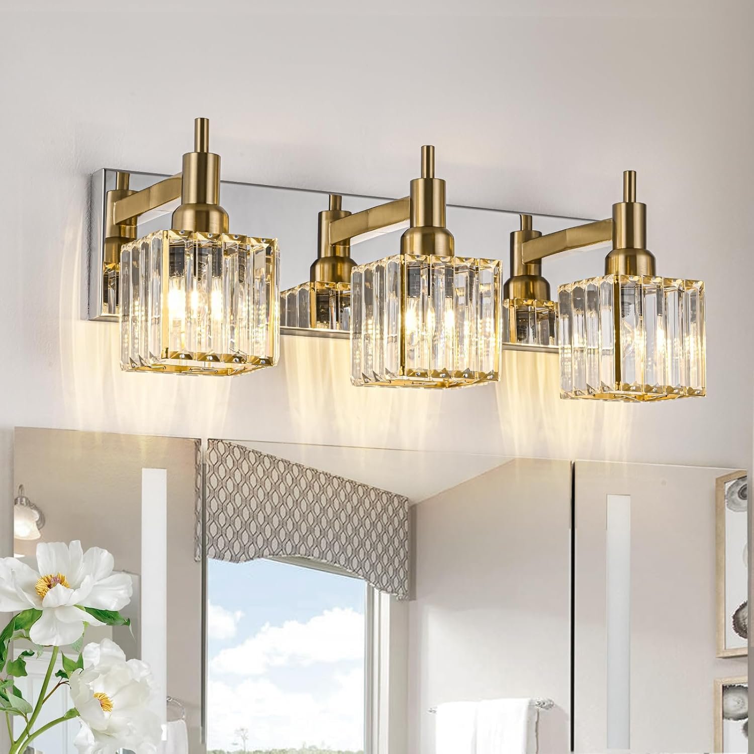 Moderna lámpara de tocador de baño de cristal de 3 luces de latón para pared, sobre espejo, iluminación de tocador negra y dorada para baño, pantalla cuadrada, aplique de pared de latón - Imagen 95