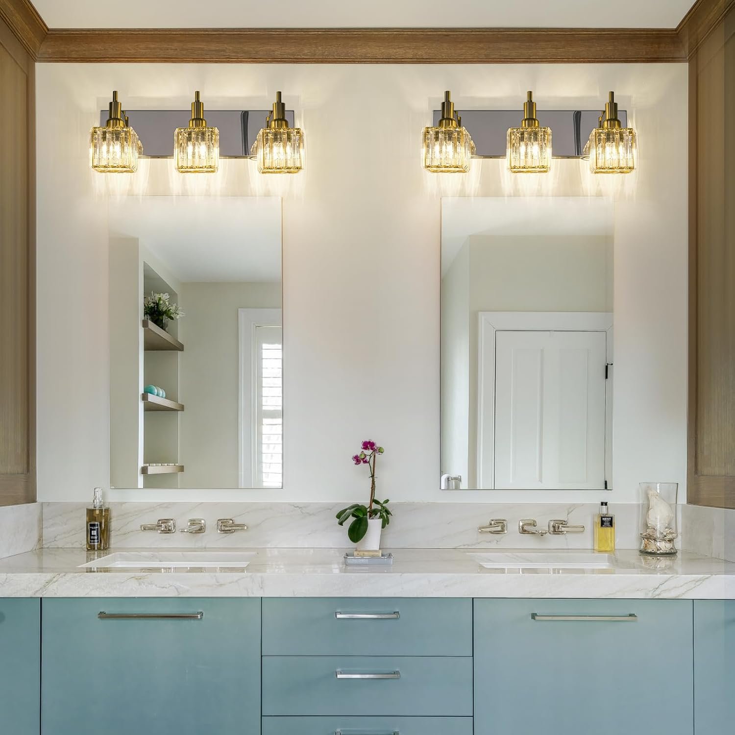 Moderna lámpara de tocador de baño de cristal de 3 luces de latón para pared, sobre espejo, iluminación de tocador negra y dorada para baño, pantalla cuadrada, aplique de pared de latón - Imagen 99