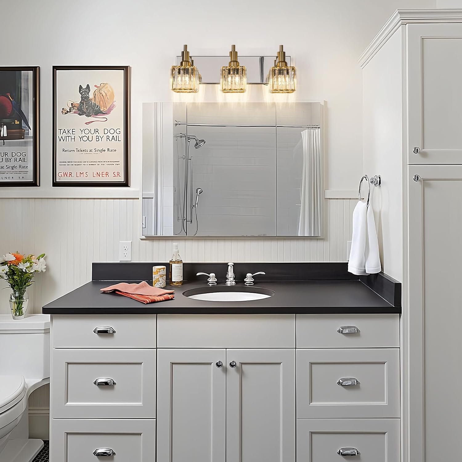 Moderna lámpara de tocador de baño de cristal de 3 luces de latón para pared, sobre espejo, iluminación de tocador negra y dorada para baño, pantalla cuadrada, aplique de pared de latón - Imagen 102