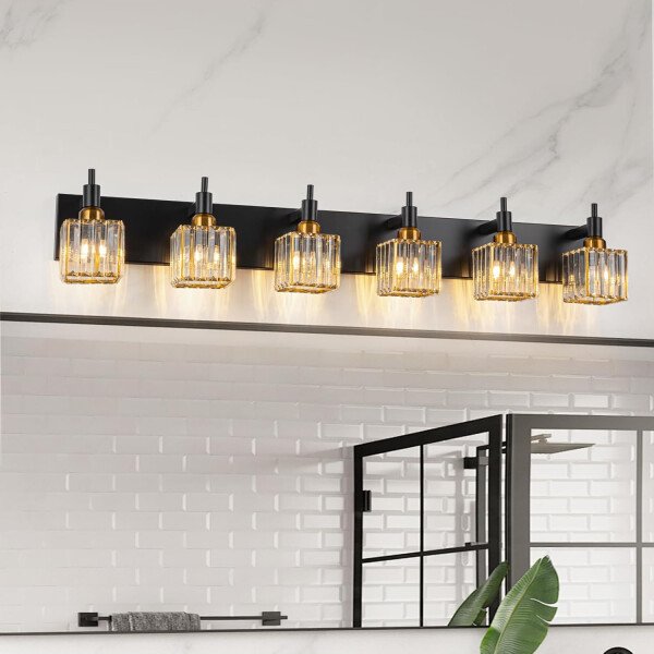 Moderna lámpara de tocador de baño de cristal de 3 luces de latón para pared, sobre espejo, iluminación de tocador negra y dorada para baño, pantalla cuadrada, aplique de pared de latón - Imagen 103