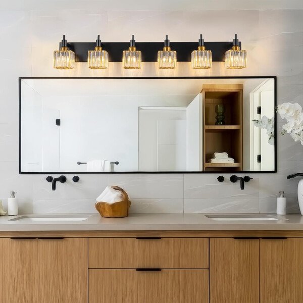 Moderna lámpara de tocador de baño de cristal de 3 luces de latón para pared, sobre espejo, iluminación de tocador negra y dorada para baño, pantalla cuadrada, aplique de pared de latón - Imagen 104